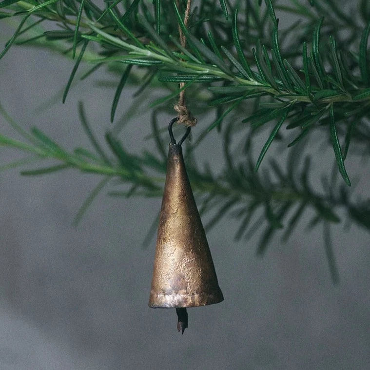 Fog Linen brass pointed bell ornament. Made in India. Shop Boston SOWA holiday