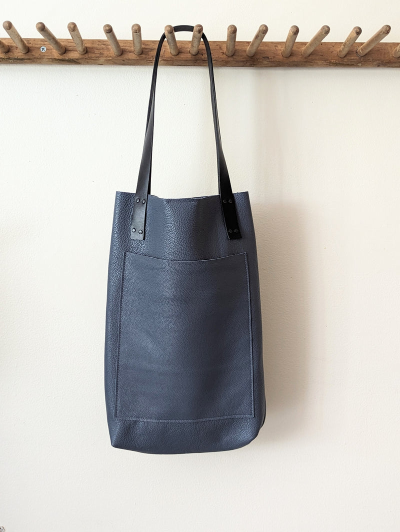 Tall Thin Leather Tote - Ocean
