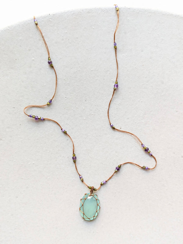Tibetan macrame necklace blue calcedoine crystal stone jewelry shop boston sowa gift store 