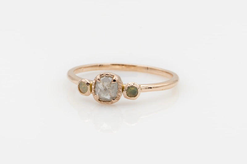 Ariko Jewelry 14k rose gold one of a kind ring 0.22ct rose cut grey diamond opals  Made in Brooklyn shop Boston