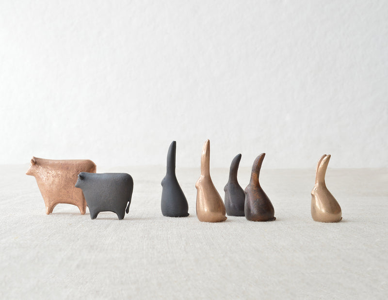 Tiny Japanese Hand made bronze rabbit sculptures symbols of good luck traditional lost wax method.