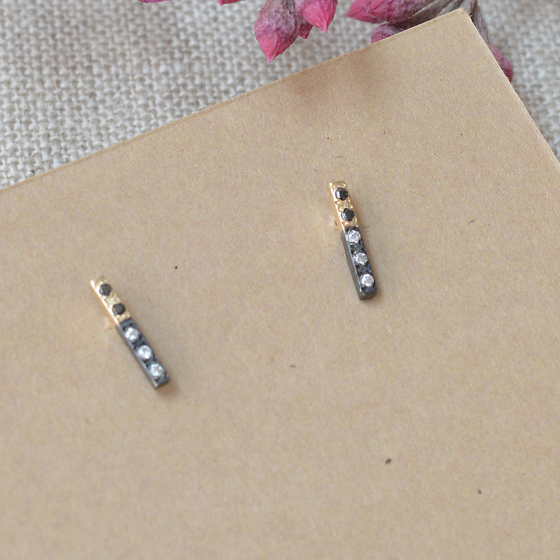 Two Color Gold and Silver Bar Earring Studs with Black and White Diamonds