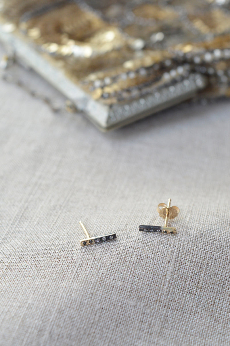 Ariko Jewelry Two Color Gold and Silver  Bar Earring Studs with Black and White Diamonds  Made in Brooklyn