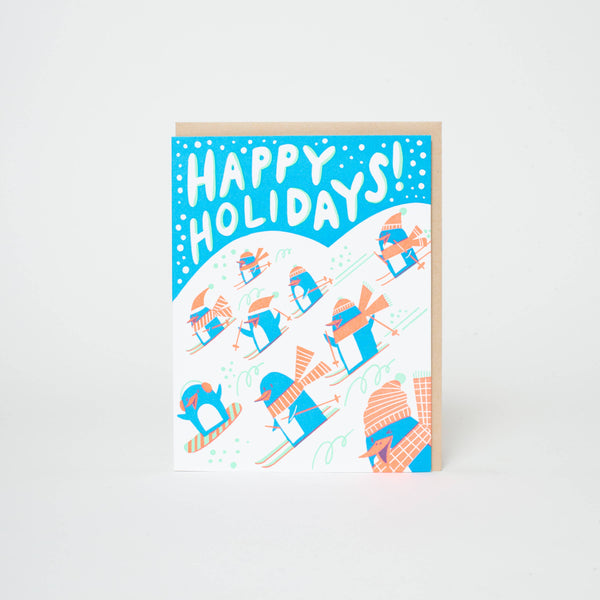Happy Holidays Penguins Letterpress Greeting Card