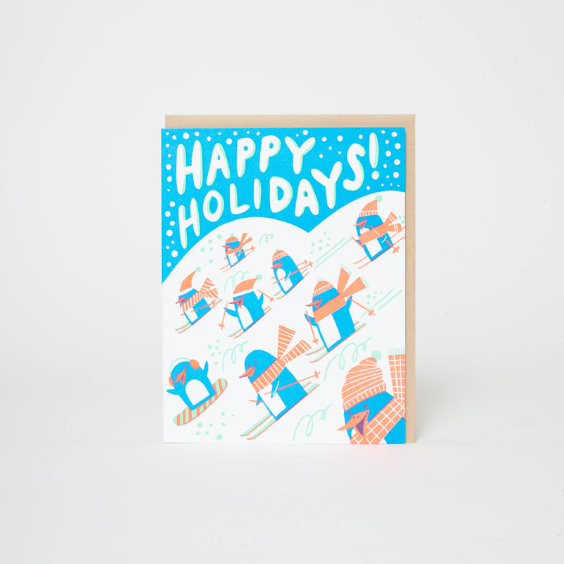Happy Holidays Penguins Letterpress Greeting Card