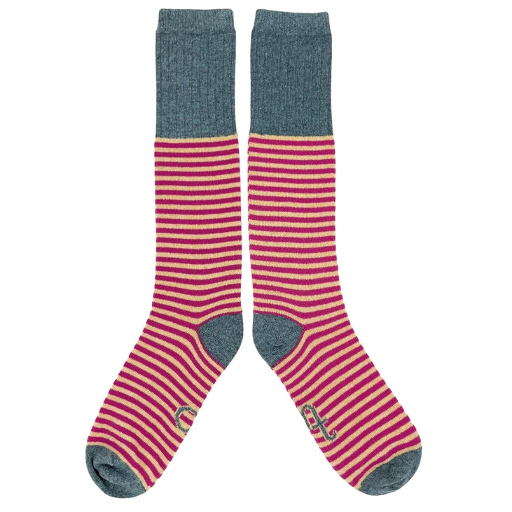 Catherine Tough Merino Lambswool Boot Knee Socks knitted yellow pink bluestripe stripe made in Scotland gift shop Boston sowa boutique womens winter accessories