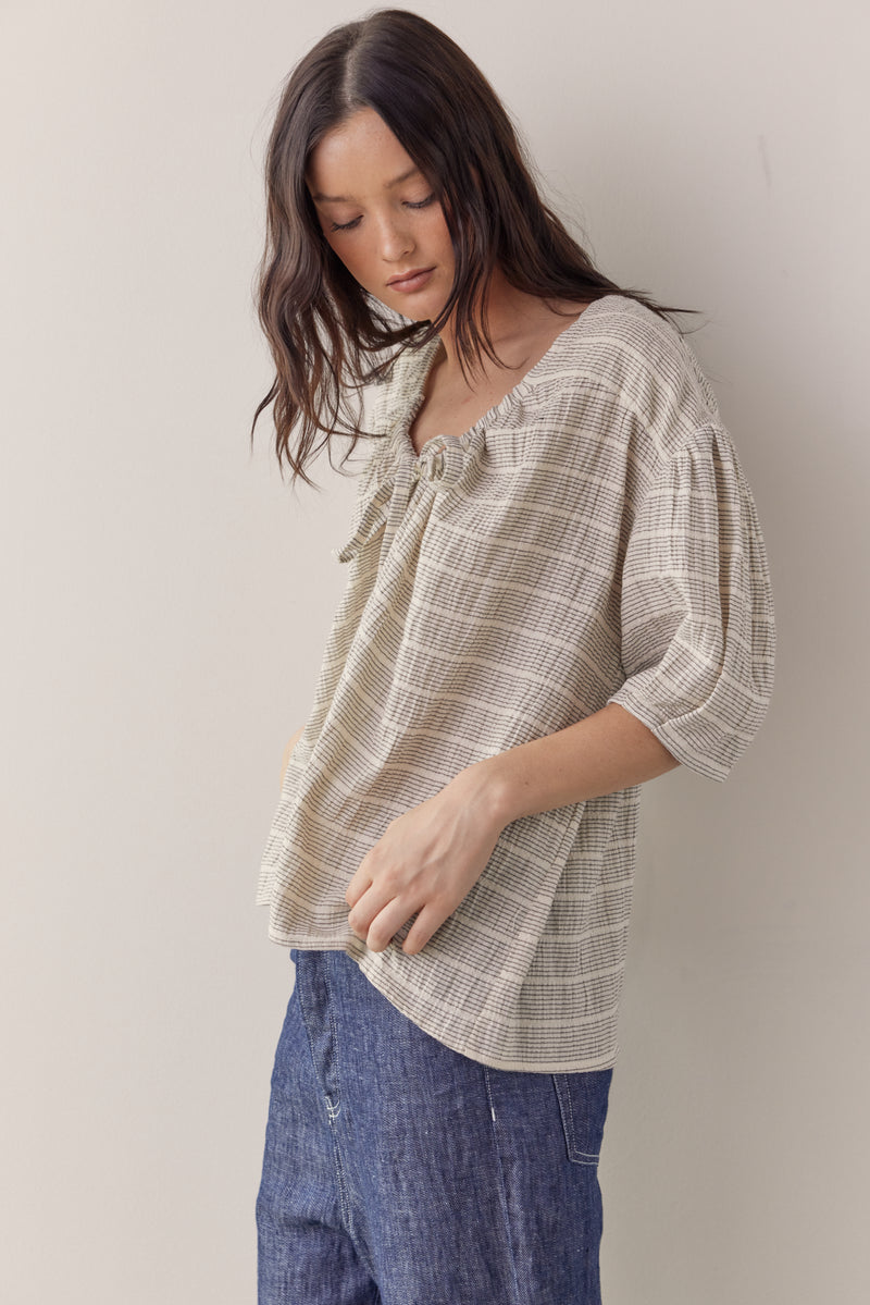 Amente front tie cotton linen blouse top shirt Sustainable fashion apparel shop Boston boutique store