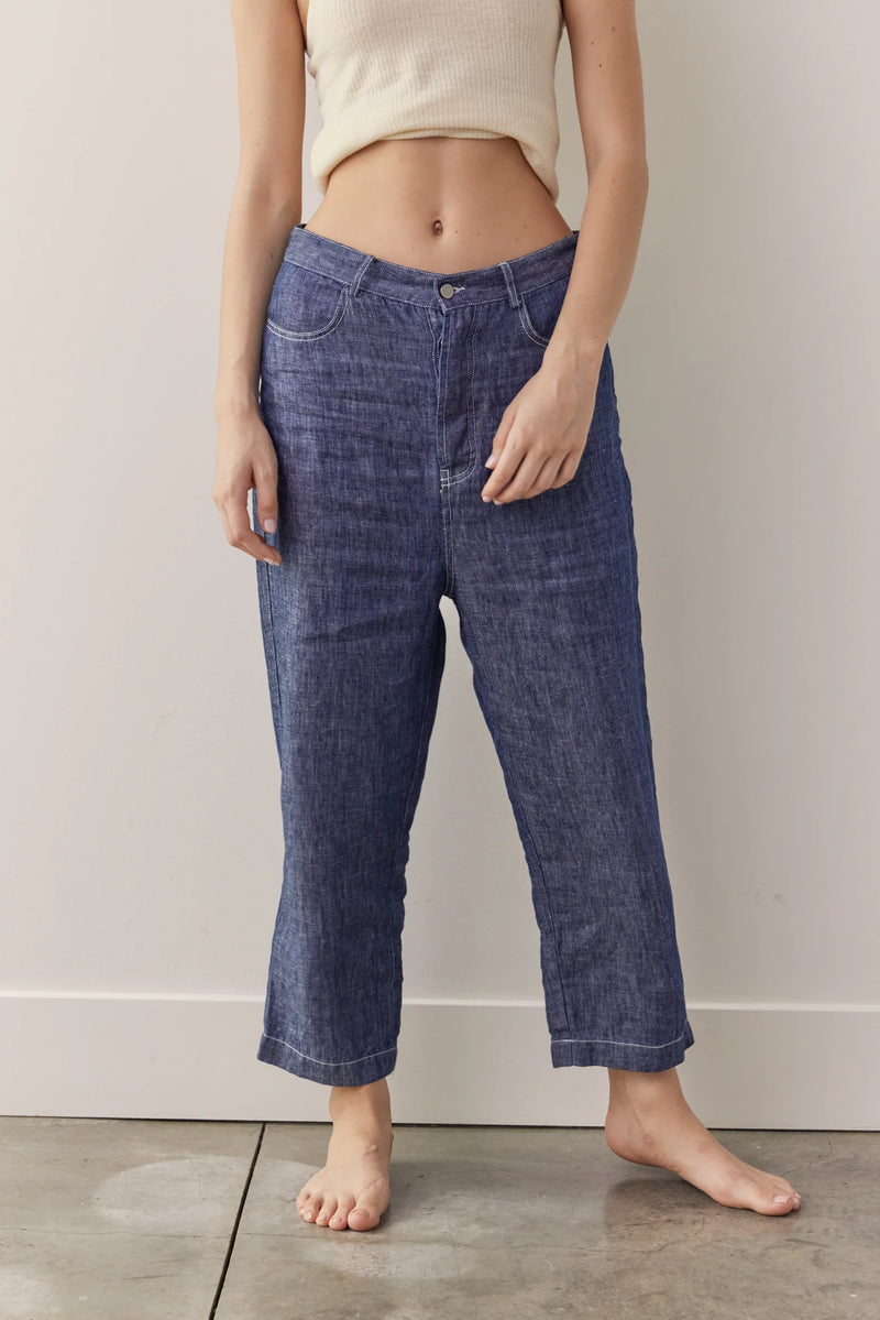 Amente Baggy Linen Pants - Denim Sustainable fashion apparel shop Boston boutique store sowa