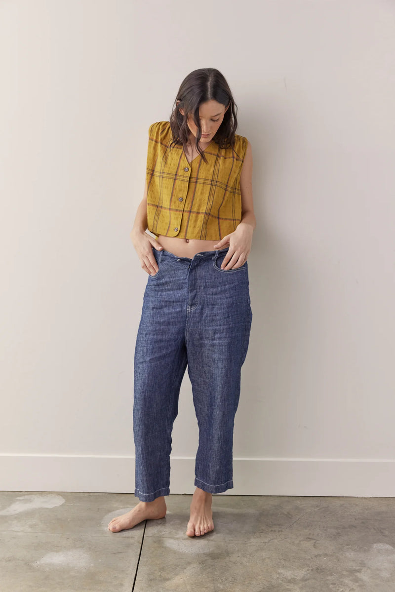 Amente Baggy Linen Pants - Denim Sustainable fashion apparel shop Boston boutique store sowa