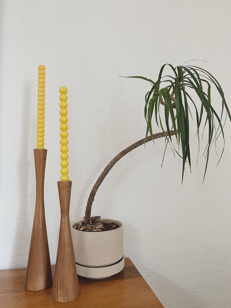 Two wooden candle holders with yellow candles and a potted plant on a wooden surface.