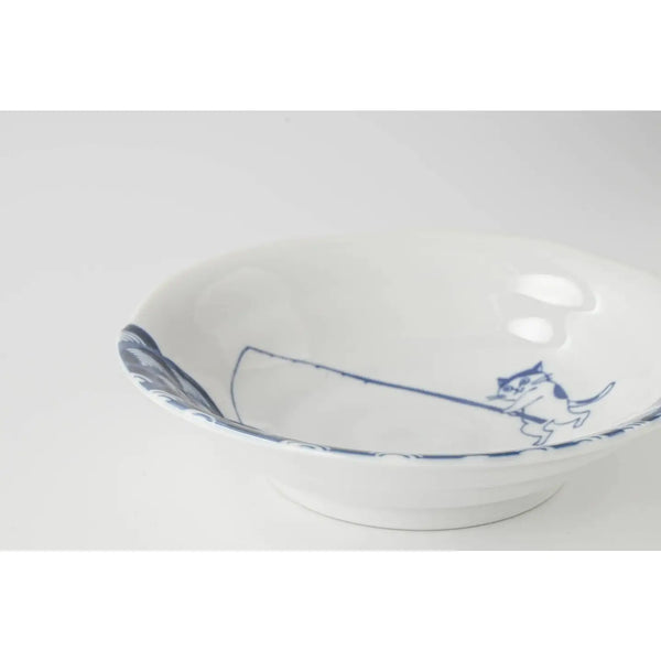 White bowl with blue cat fishing design on a white background