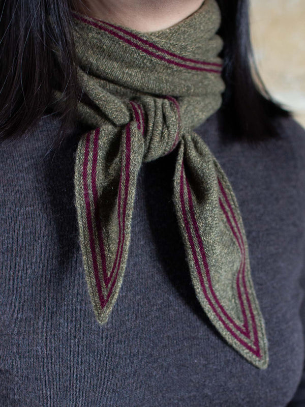 Cashmere Short Scarf - Moss Green with Burgundy Border