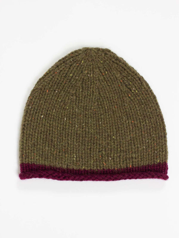 Cashmere Rolled-Edge Beanie - Speckled Green with Burgundy Border