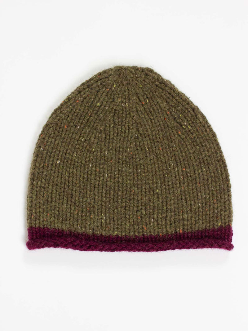 Cashmere Rolled-Edge Beanie - Speckled Green with Burgundy Border