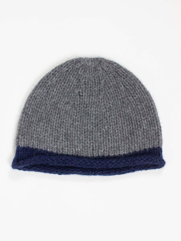 Cashmere Rolled-Edge Beanie - Grey with Navy Border