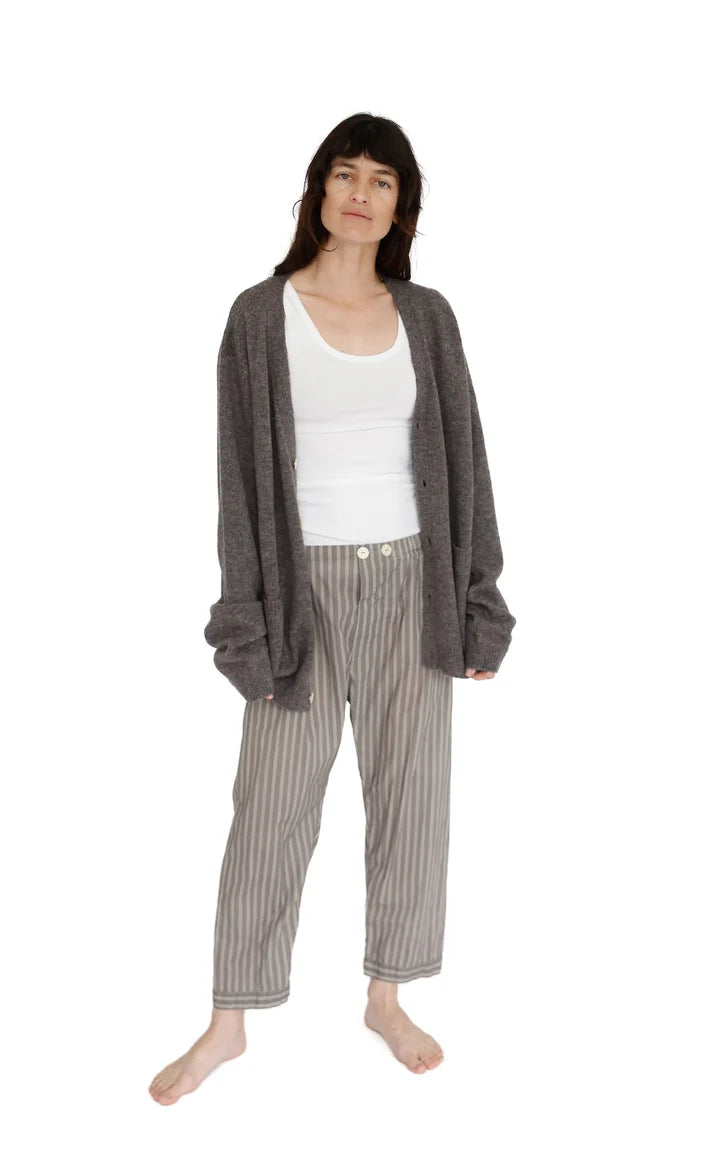 Woman wearing a gray cardigan, white top, and striped pants on a white background

Domi Midi organic cotton striped pants pjs pajamas sleepwear loungewear shop boston sowa boutique store gift
                                                                            