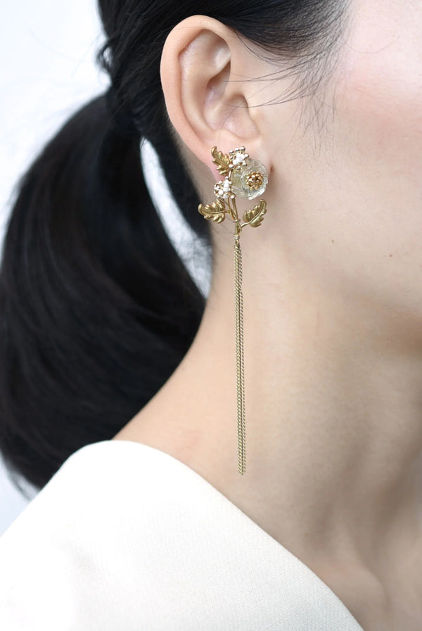 Gold earring with floral design worn by a person