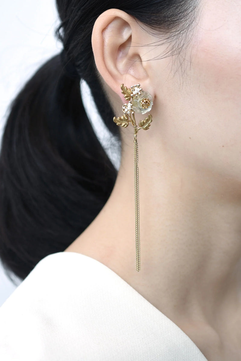 Gold earring with floral design worn by a person