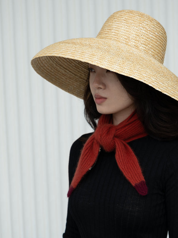 Person wearing a wide-brimmed straw hat and red scarf against a white background