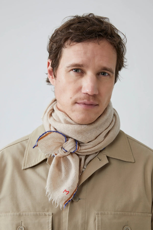 Man wearing a beige scarf with a white background