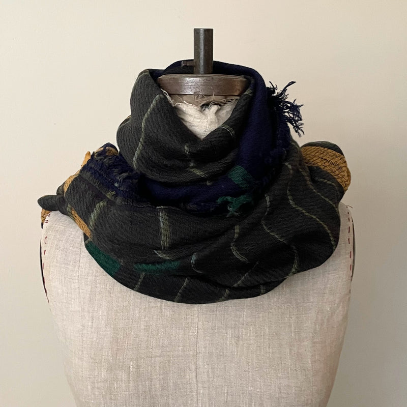 Japanese Extra Soft Woven Wool Cotton Scarf - Medium  - Navy and Army Green