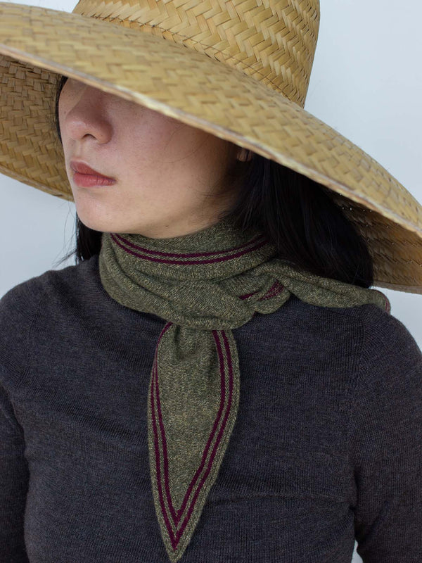 Cashmere Short Scarf - Moss Green with Burgundy Border