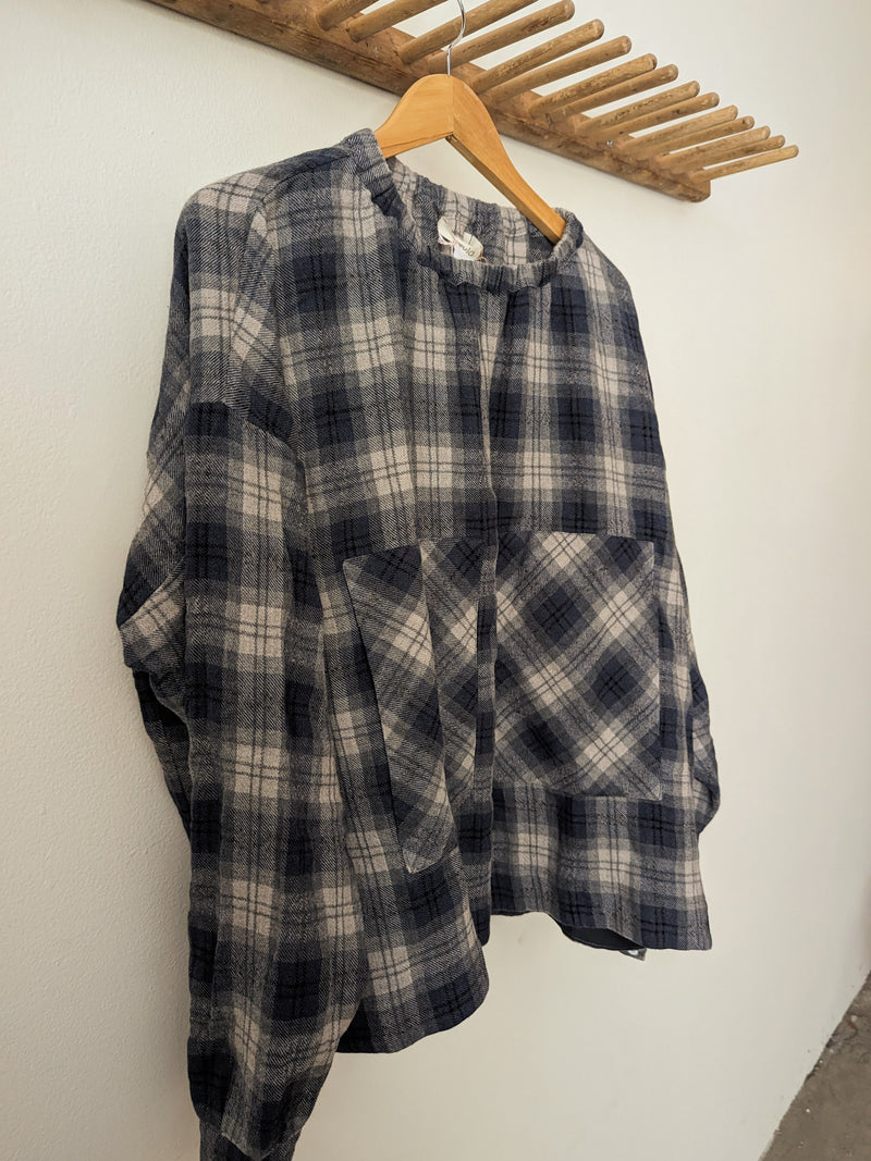 Navy plaid oversized shirt Sula clothing Small batch fashion apparel designer Boston boutique gift shop small business sowa 