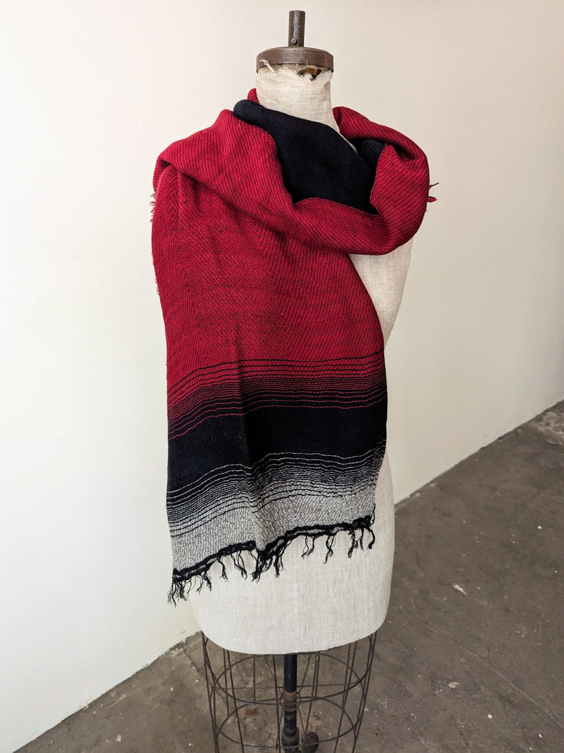 Japanese Extra Soft Woven Wool Cotton Scarf - Medium  - Fire Red and Black