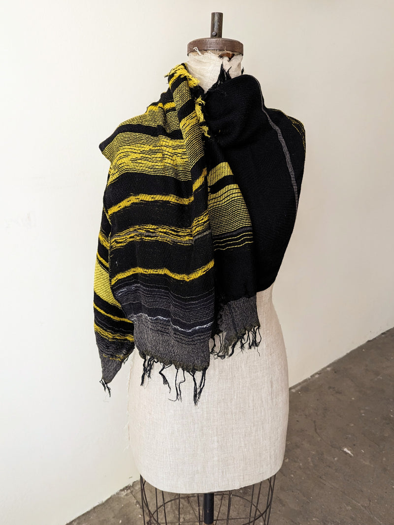 Japanese Extra Soft Woven Wool Cotton Scarf - Medium  - Black and Yellow