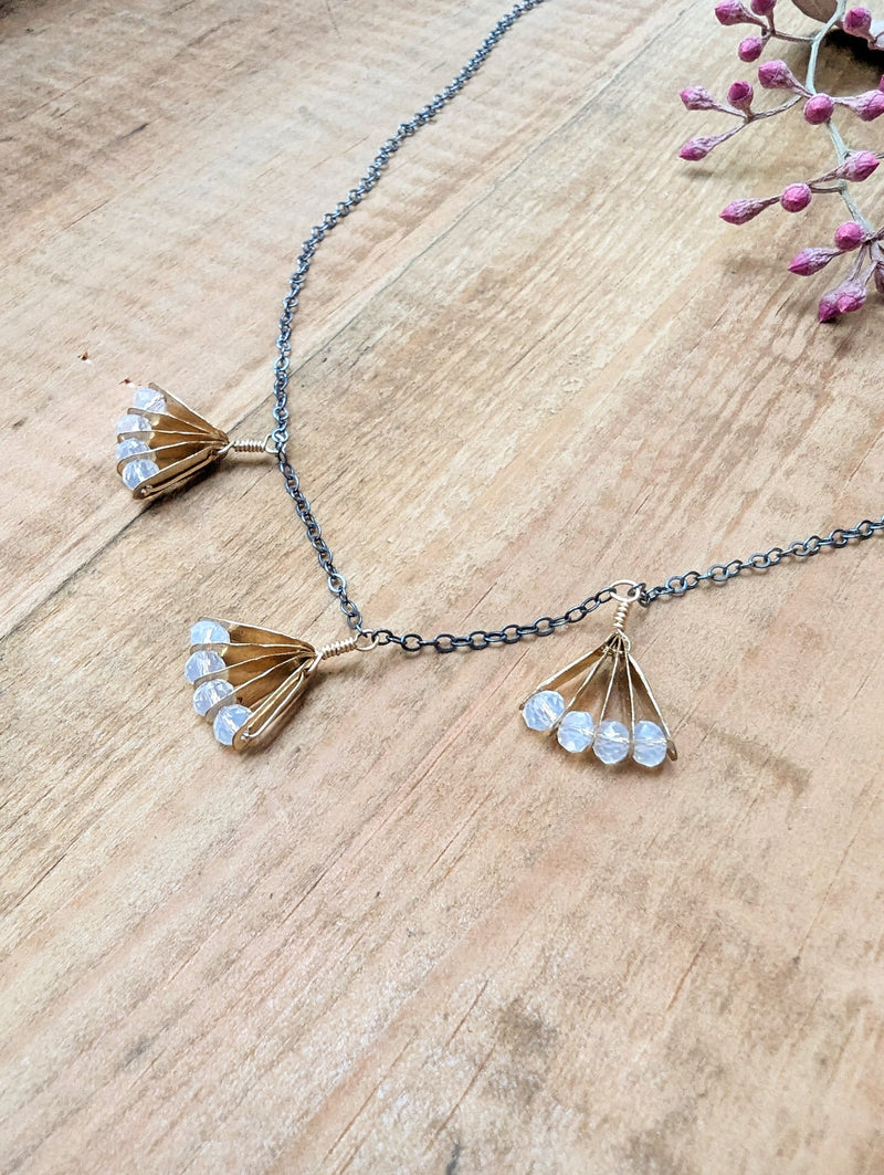 Moonstone Fan Three Pendant Necklace silvana segulja sowa jewelry boston small business gift shop
