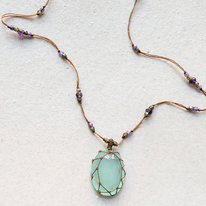 Tibetan macrame necklace blue calcedoine crystal stone jewelry shop boston sowa gift store 