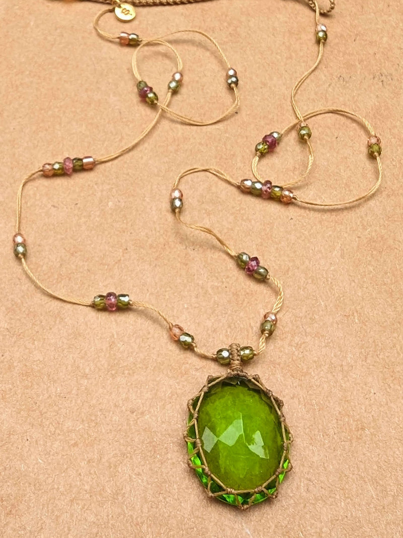 Tibetan macrame necklace green peridot crystal stone jewelry shop boston sowa gift store 