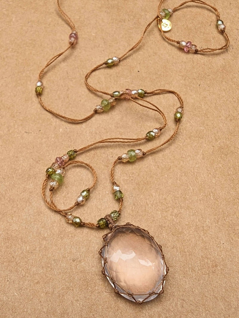 Tibetan macrame necklace pink quartz crystal stone jewelry shop boston sowa gift store 