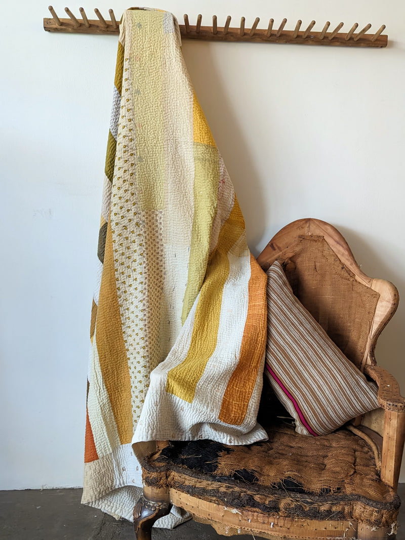 yellow and floral patchwork Auntie Oti  strip quilt blanket gift shop boutique store boston sowa small business home linens cotton bedding handmade
