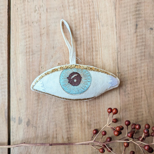 Skippy Cotton Evil Eye embroidered lavender ornaments sowa boston small business gift shop holiday decorations boutique