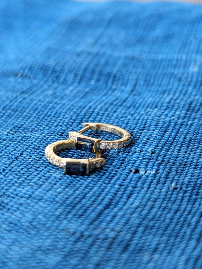 sapphire baguette earrings with briliant cut diamonds set in 14k gold hoops jewelry store sowa gift shop fine handmade jewelry