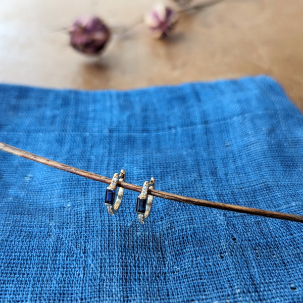 sapphire baguette earrings with briliant cut diamonds set in 14k gold hoops jewelry store sowa gift shop fine handmade jewelry
