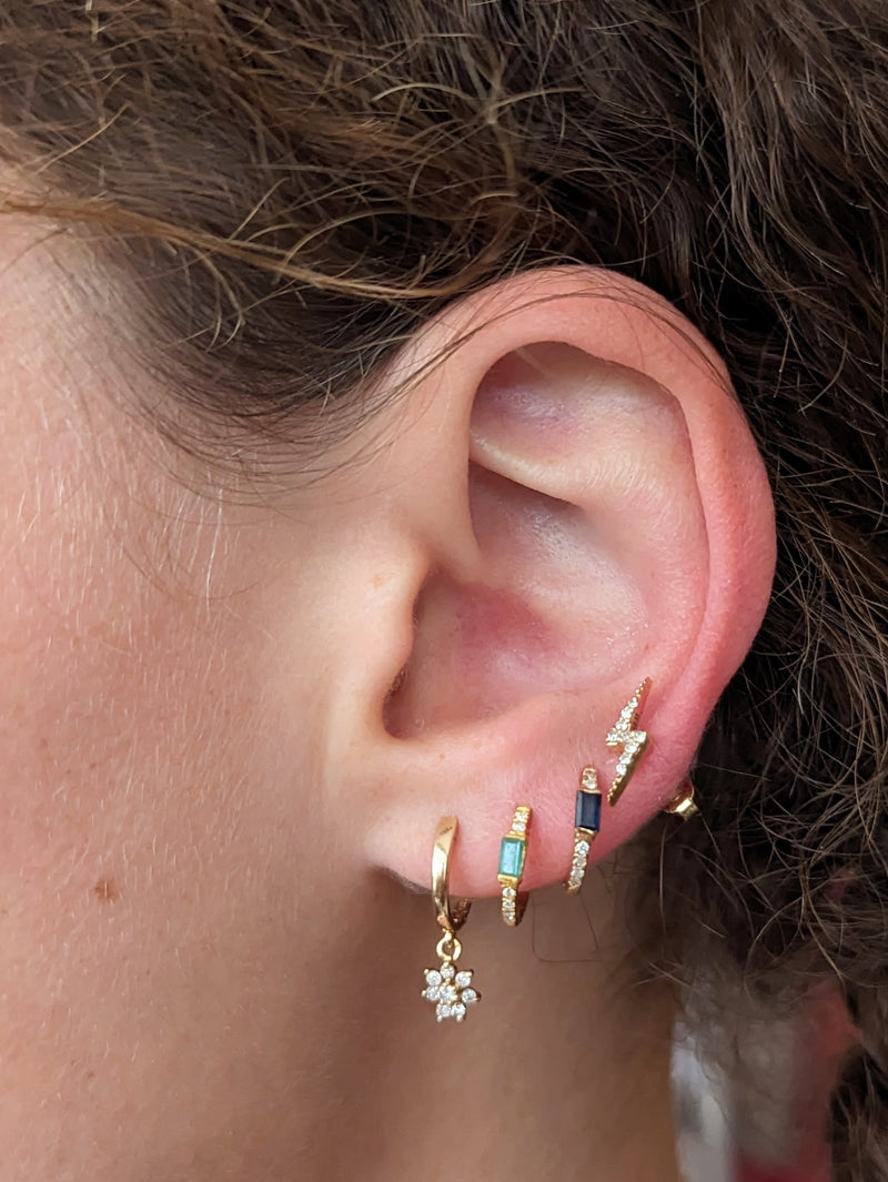 sapphire baguette earrings with briliant cut diamonds set in 14k gold hoops jewelry store sowa gift shop fine handmade jewelry