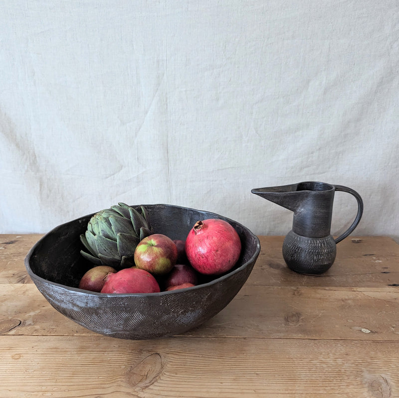 Matte shino pitchers with carving by Wendy Borger , made in MA, Boston shop