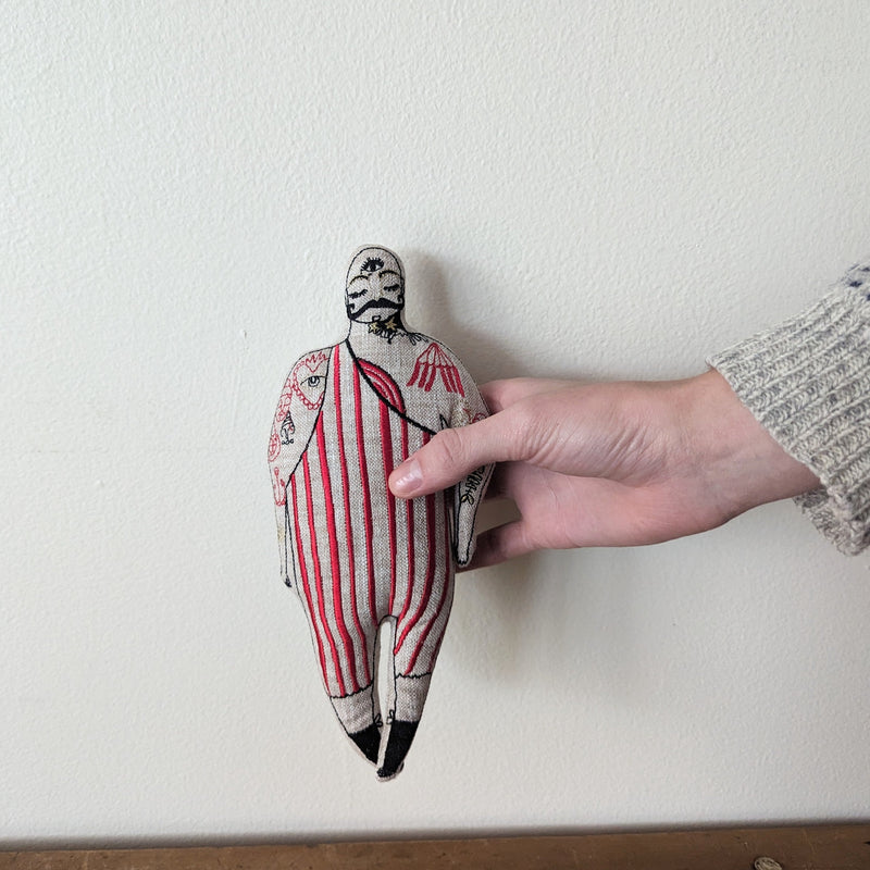 Tattooed Strong Man, Cotton-Filled Art Doll, Embroidered