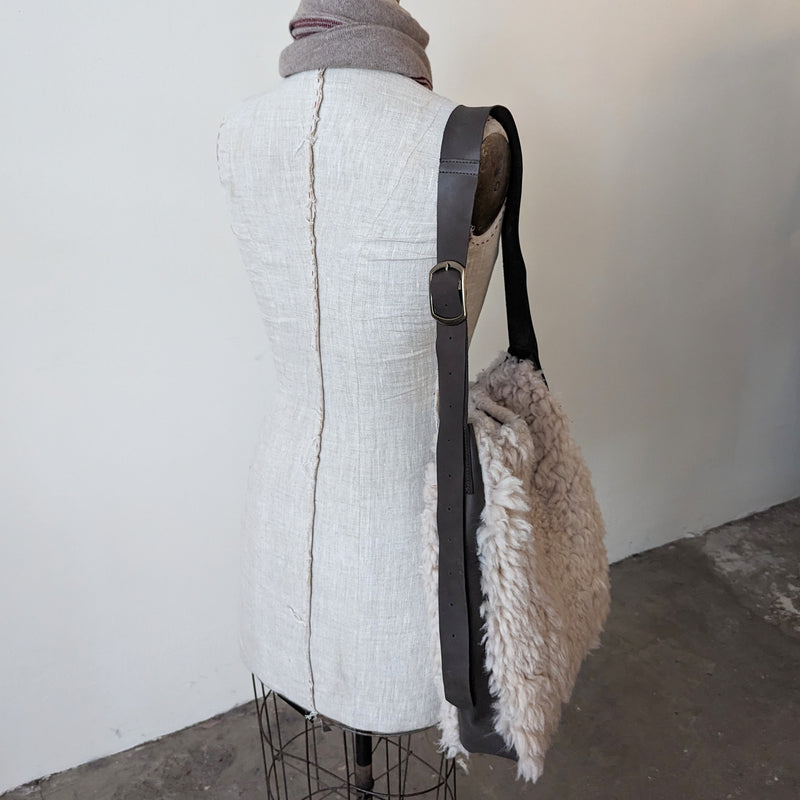 Stitch and Tickle Large shearling leather tote handmade boston gift shop sowa boutique leatherwork 