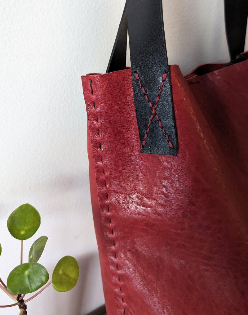 Stitch and Tickle Tall red tote handmade boston shop boutique gift store sowa leatherwork leathershop 