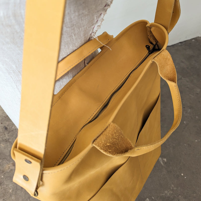 Stitch and Tickle Tall yellow XL tote handmade boston shop boutique gift store sowa leatherwork leathershop small business 