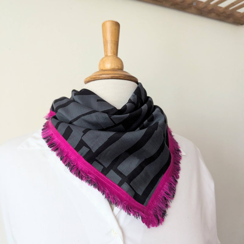 Mini Square Scarf Geometric Gray with Fuschia Border Stitch and TIckle Stitch and Tickle