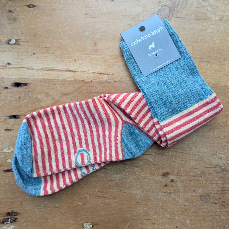 Catherine Tough Merino Lambswool Boot Knee Socks knitted yellow pink bluestripe stripe made in Scotland gift shop Boston sowa boutique womens winter accessories