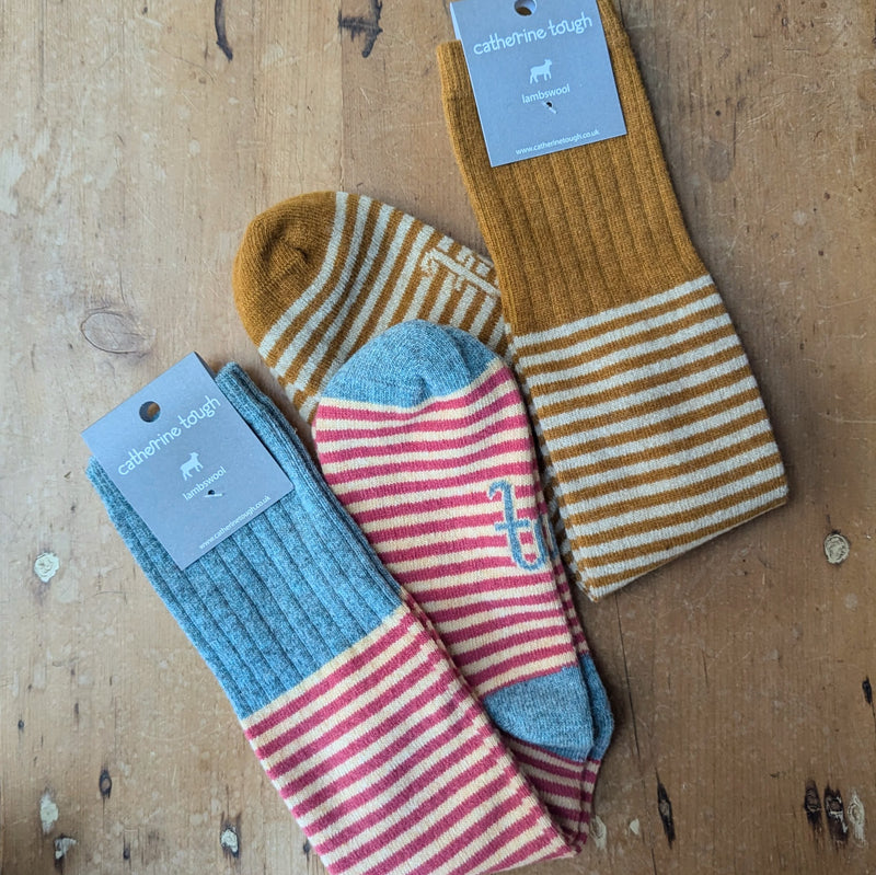 Catherine Tough Merino Lambswool Boot Knee Socks knitted yellow pink bluestripe stripe made in Scotland gift shop Boston sowa boutique womens winter accessories