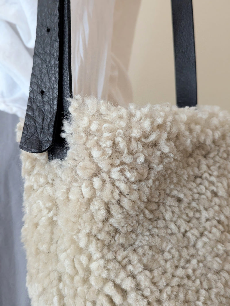 Small Shearling Bucket Bag - Magnetic Snap Closure -  Black Leather with Tan Shearling