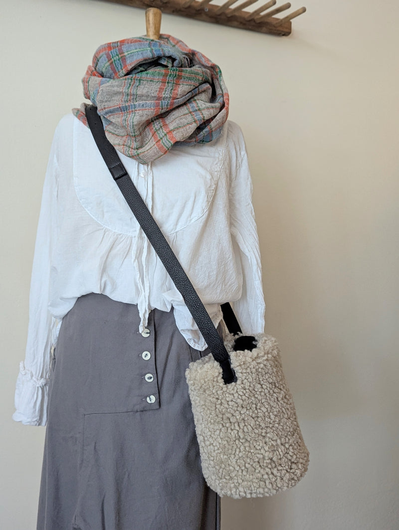 Small Shearling Bucket Bag - Magnetic Snap Closure -  Black Leather with Tan Shearling