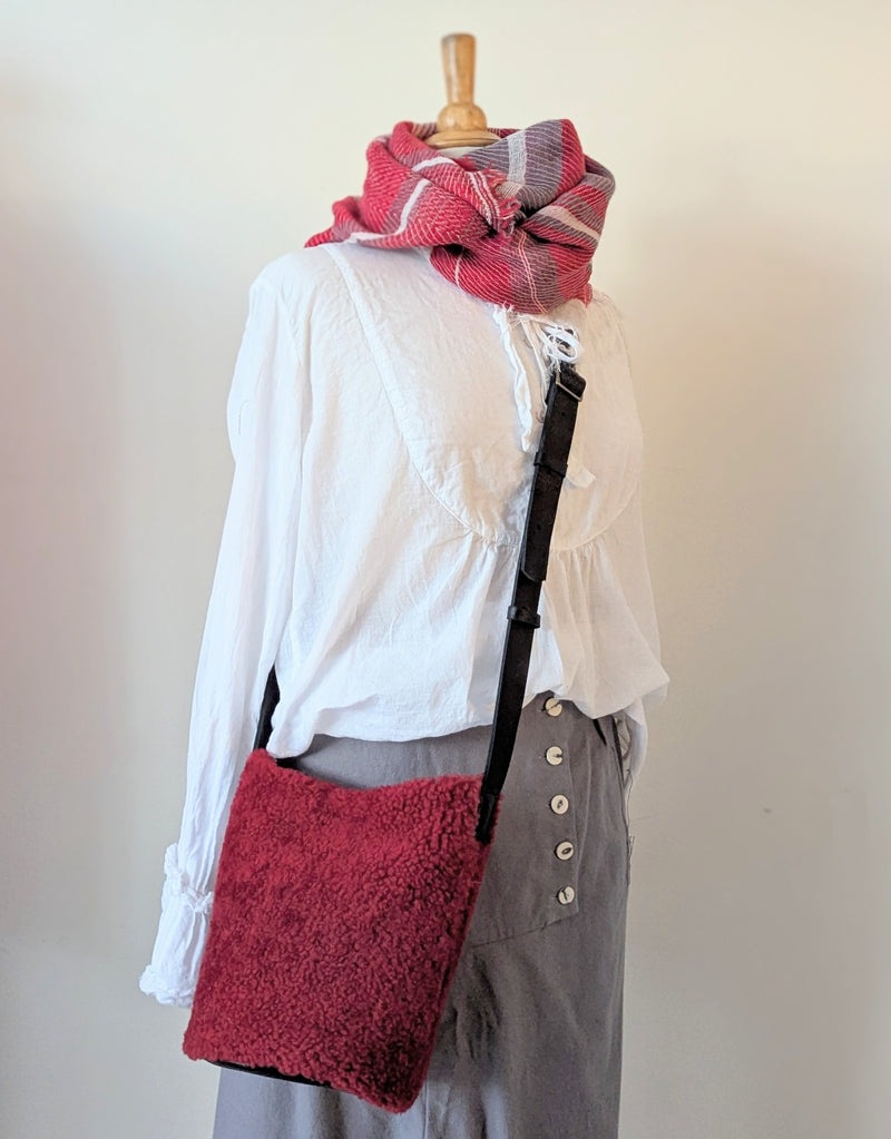 Stitch and Tickle handmade shearling leather bucket bag made in Boston made in usa leatherwork leathercraft SoWa gift shop boutique store