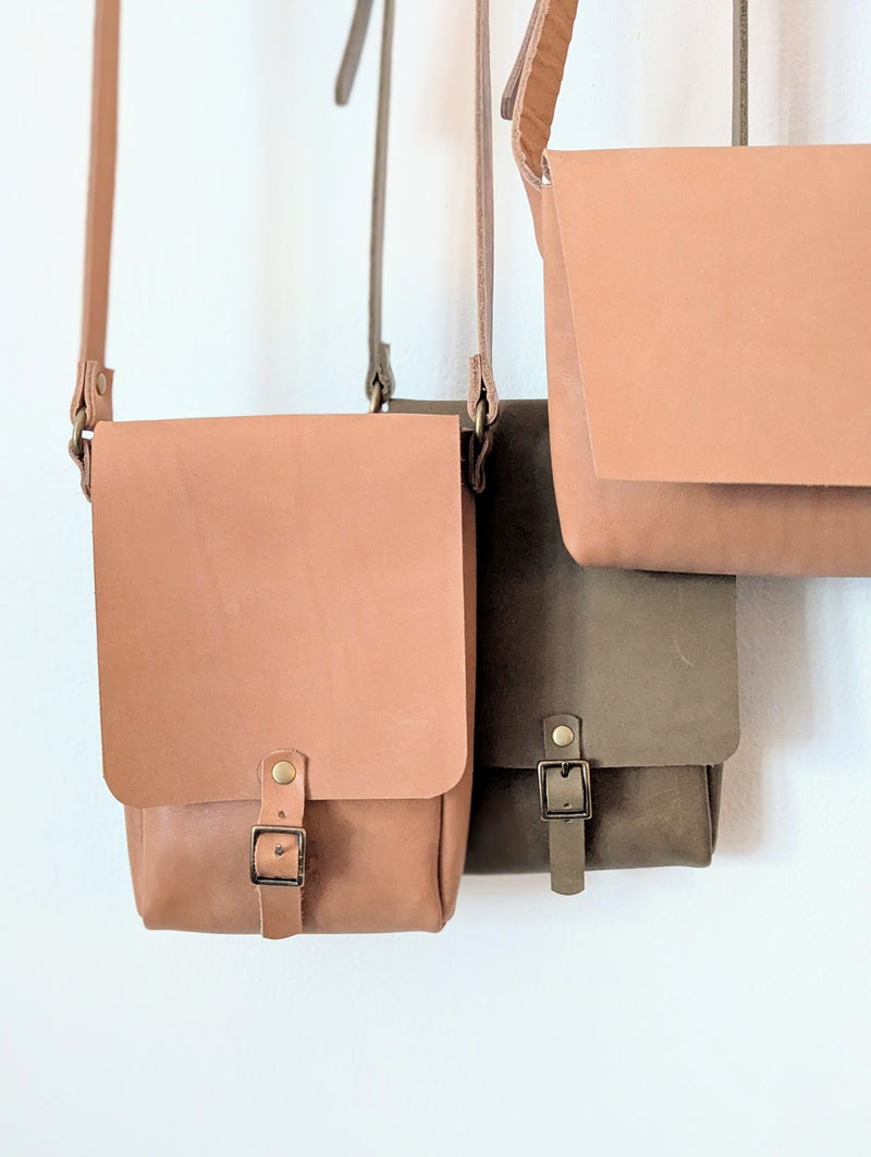 Stitch and Tickle handmade leather mini vertical narrow messenger bag crossbody made in Boston made in usa leatherwork leathercraft SoWa shop boutique gift store